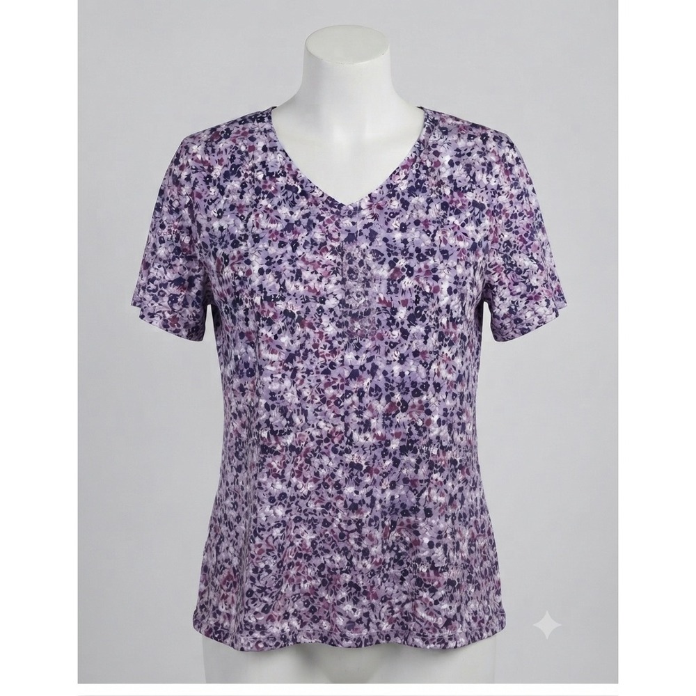 Womens Purple Floral Ditsy V-Neck Short Sleeve Pleated Blouse size Large NWT